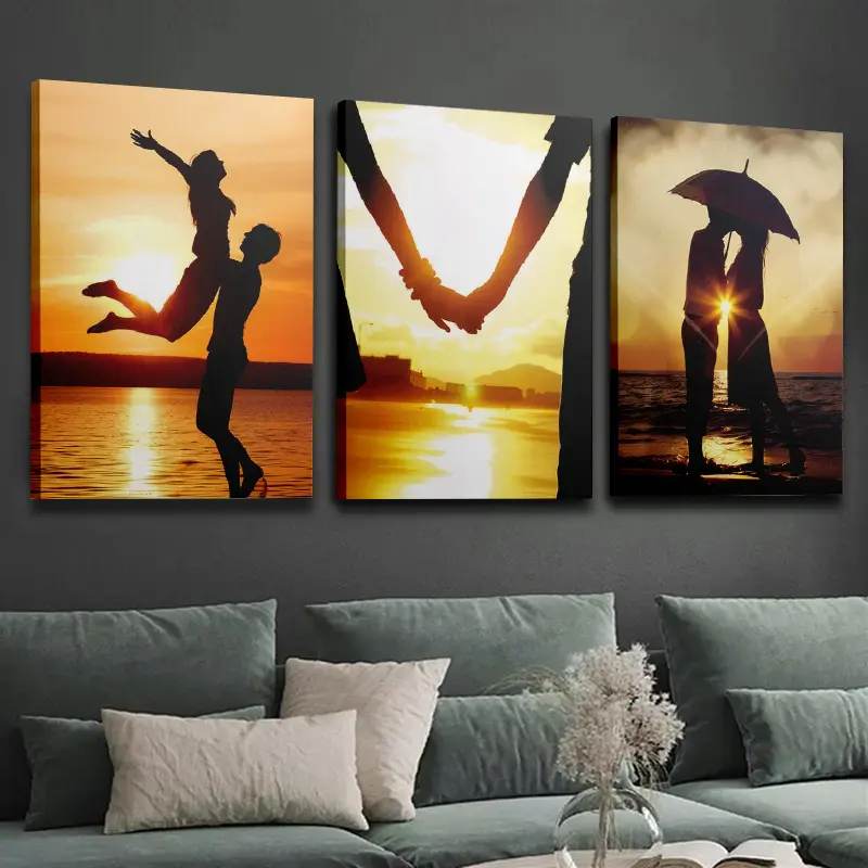 2D Flat Framed 3-Piece Canvas Wall Art, Pre-Hung Beach Sunset Couple Painting, Home Decor for Living Room, Ideal Gift (Home Supplies, Posters & Prints) senior sunrise poster frame wall decor