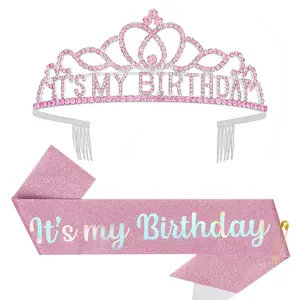 Glitter "It's My Birthday" Sash & Rhinestone Tiara Crown Set for Women & Girls, Ideal for Birthday Gifts, Party Decorations, Photo Props