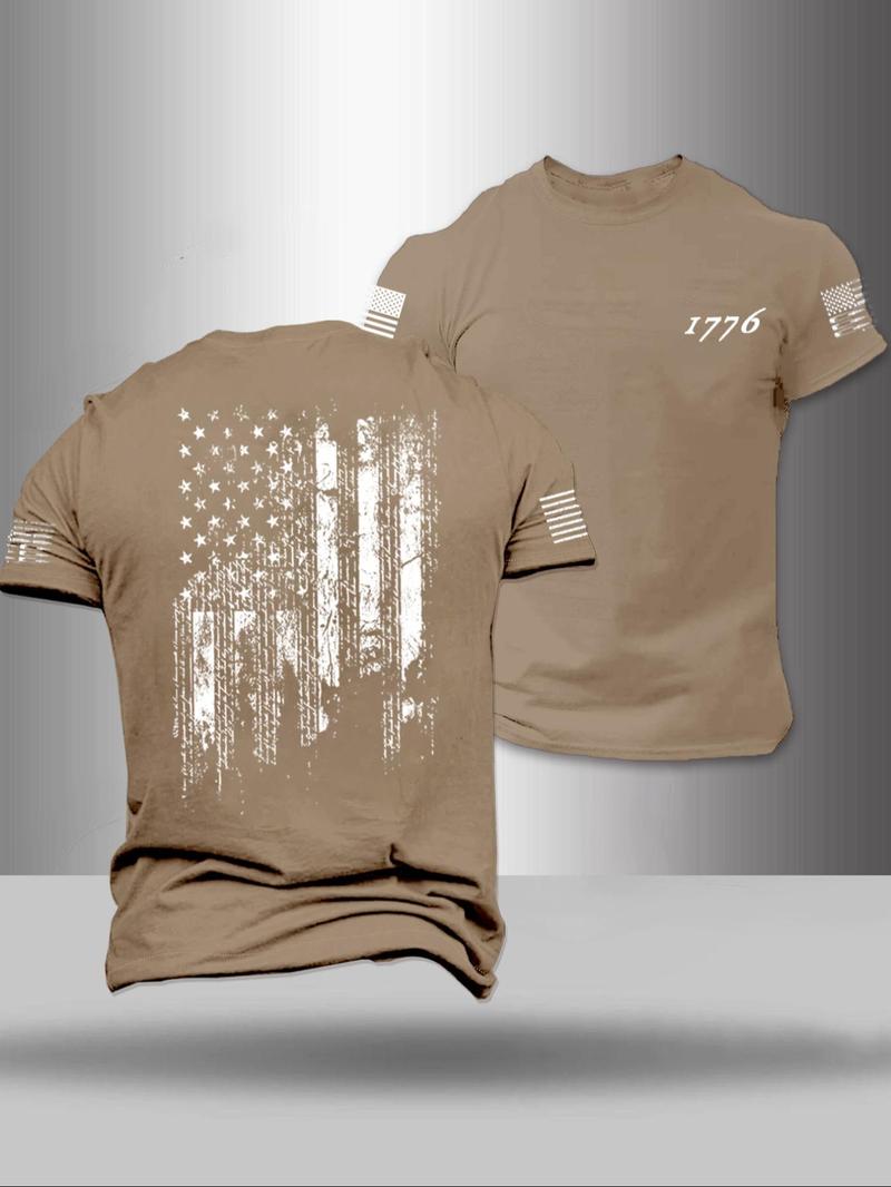 Men's American Flag Print Round Neck Tee, Regular Fit Casual Short Sleeve Crew Neck T-Shirt for Summer, Fashion Men's Top for Daily Wear