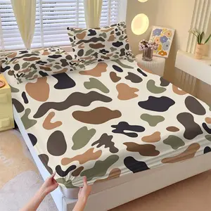 Vintage Earth Tone Camo Pattern Fitted Sheet Set, 1 Fitted Sheet + 2 Pillowcases, Soft Breathable All Season Fabric, Simple Camo Print Design, Casual Decor Gift For Outdoor Fans