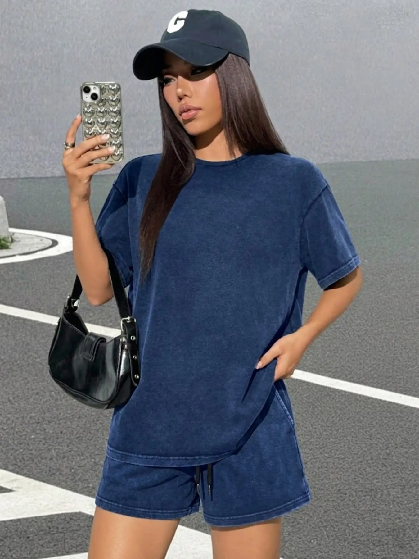 Women's Vintage Acid Wash Knit Set, Loose Fit Short Sleeve T-Shirt + Drawstring Waist Shorts, Comfortable Casual Streetwear for Daily Outing