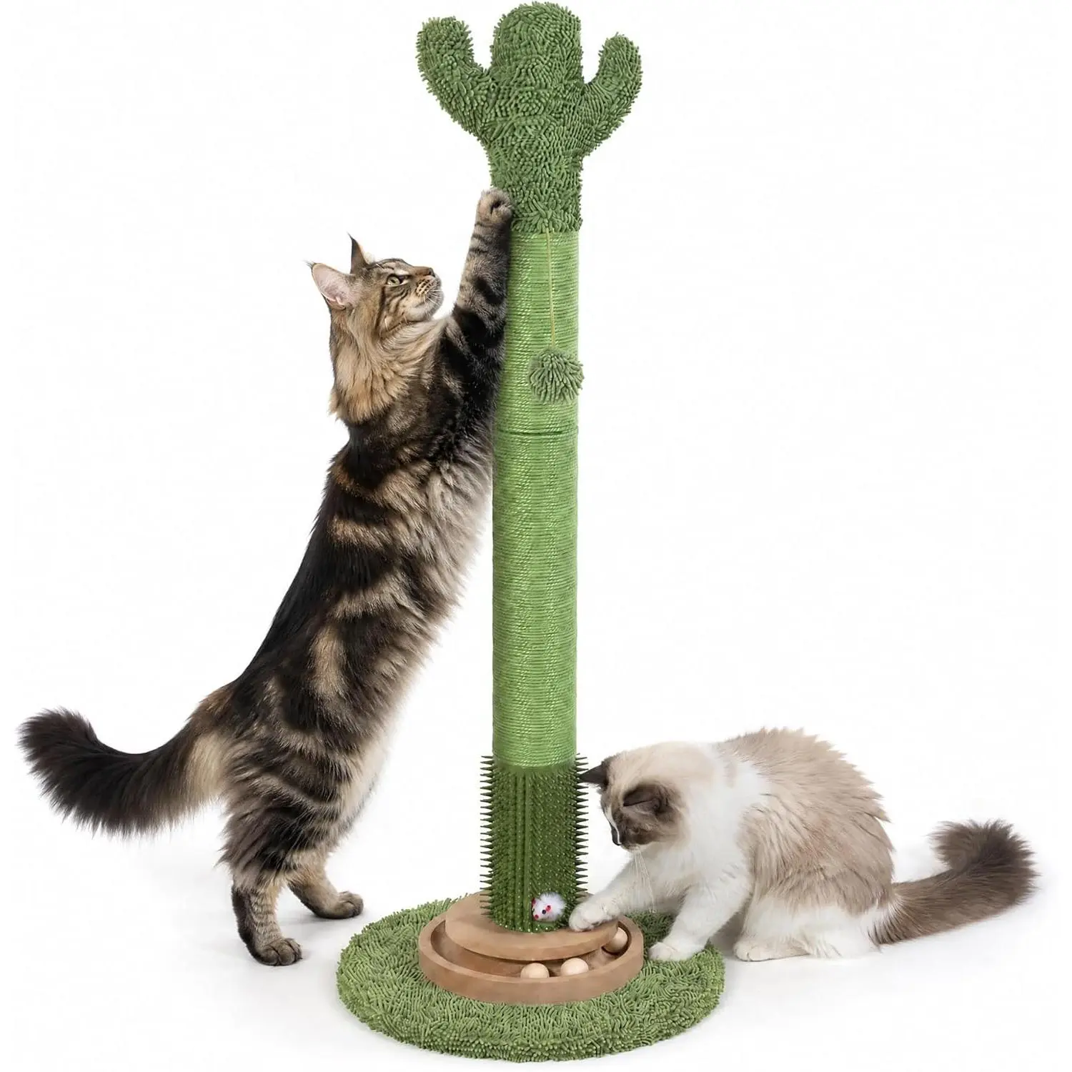 41.5" Cactus Cat Scratching Post, Heavy Duty Sisal Scratcher with Interactive Ball & Grooming Brush, Stable Anti-Tip Cat Tree for Indoor Cats & Large Cats