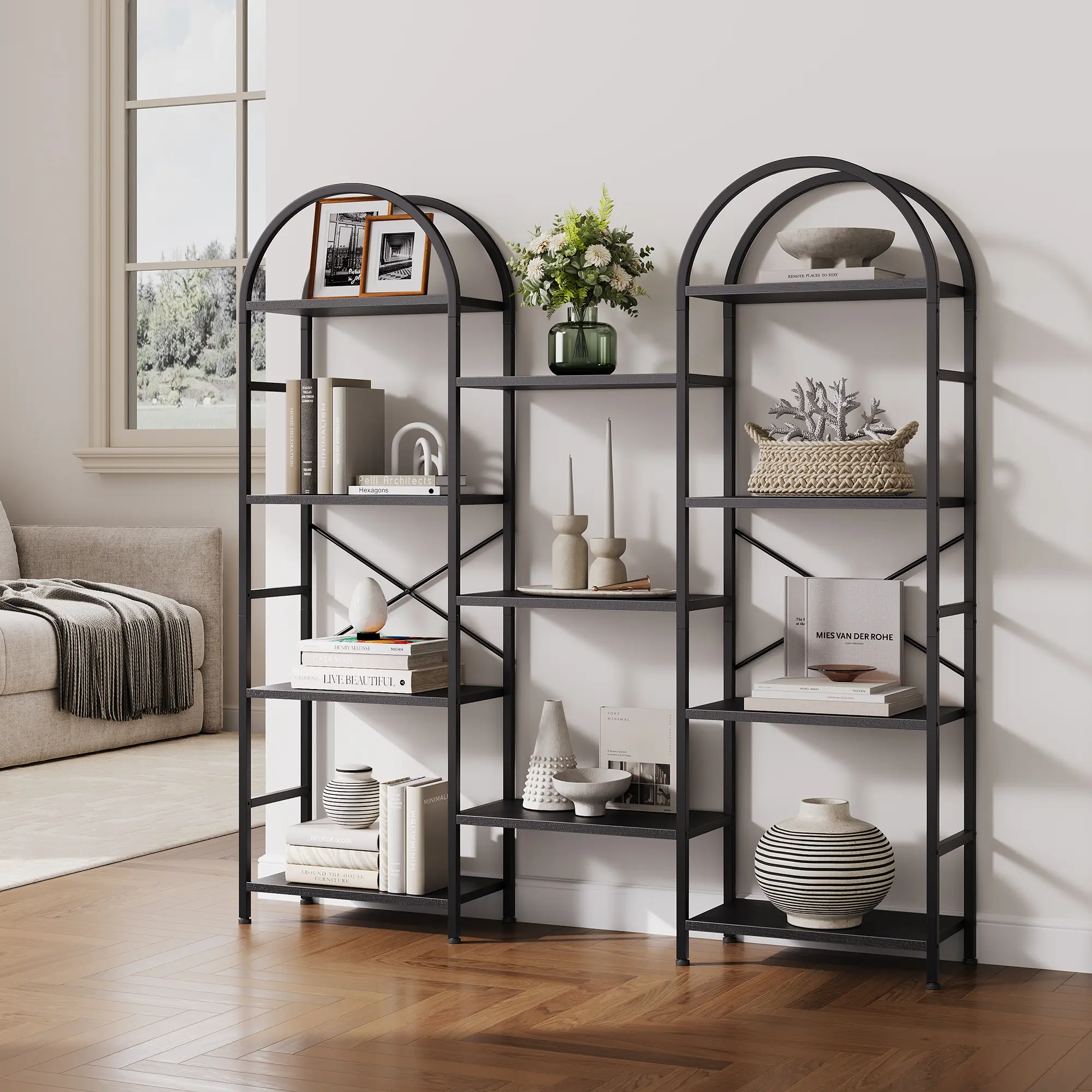 Triple Wide Arched Bookshelf, 4-Tier Tall Open Bookcase - Metal & Wood Shelving Unit - Freestanding Display Storage for Home Office, Living Room - Rustic Brown, Sunset Cloud Color