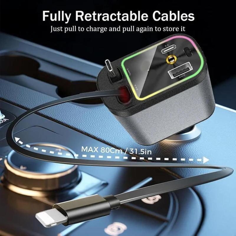 CHENGKE 4 in 1 Retractable Car Charger,Super Fast Charging Car Charger Max 120W, Retractable Cable and 2 USB Ports Car Charger Adapter for iPhone 15 14 13 12 Pro Max, Galaxy S23 Bluetooth Charger phone charger c