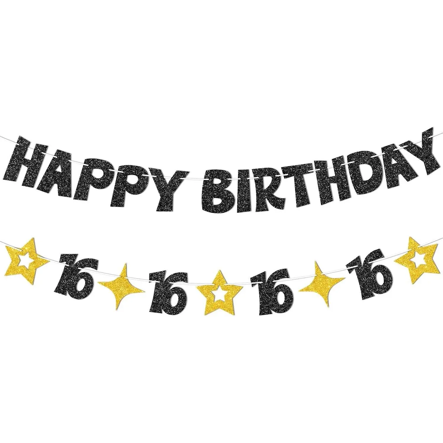 Black  Happy 16th Birthday Banner-16th Birthday Decorations for Boys Girls,Pre-strung Glitter Sixteen Birthday Decor Sign for Sweet 16 Party Decorations,16 Year Old Bday Party Supplies