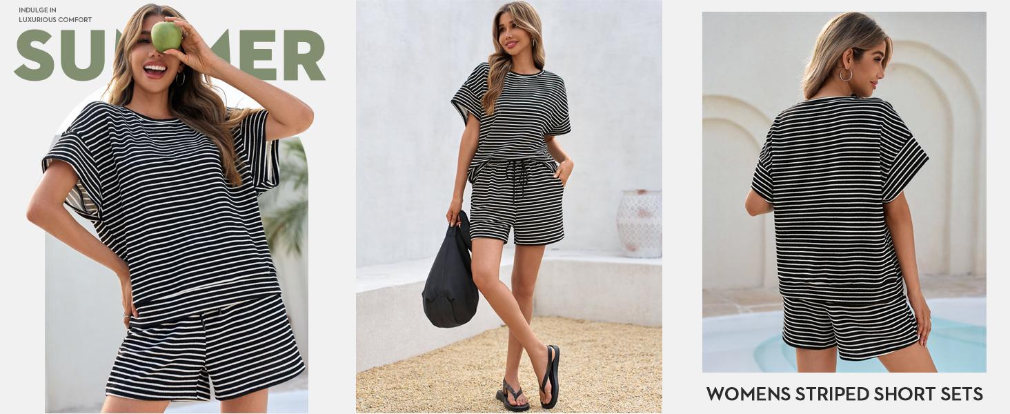 Aoysky Womens Striped 2 Piece Lounge Sets Short Sleeve Oversized T Shirts Drawstring Shorts Matching Set