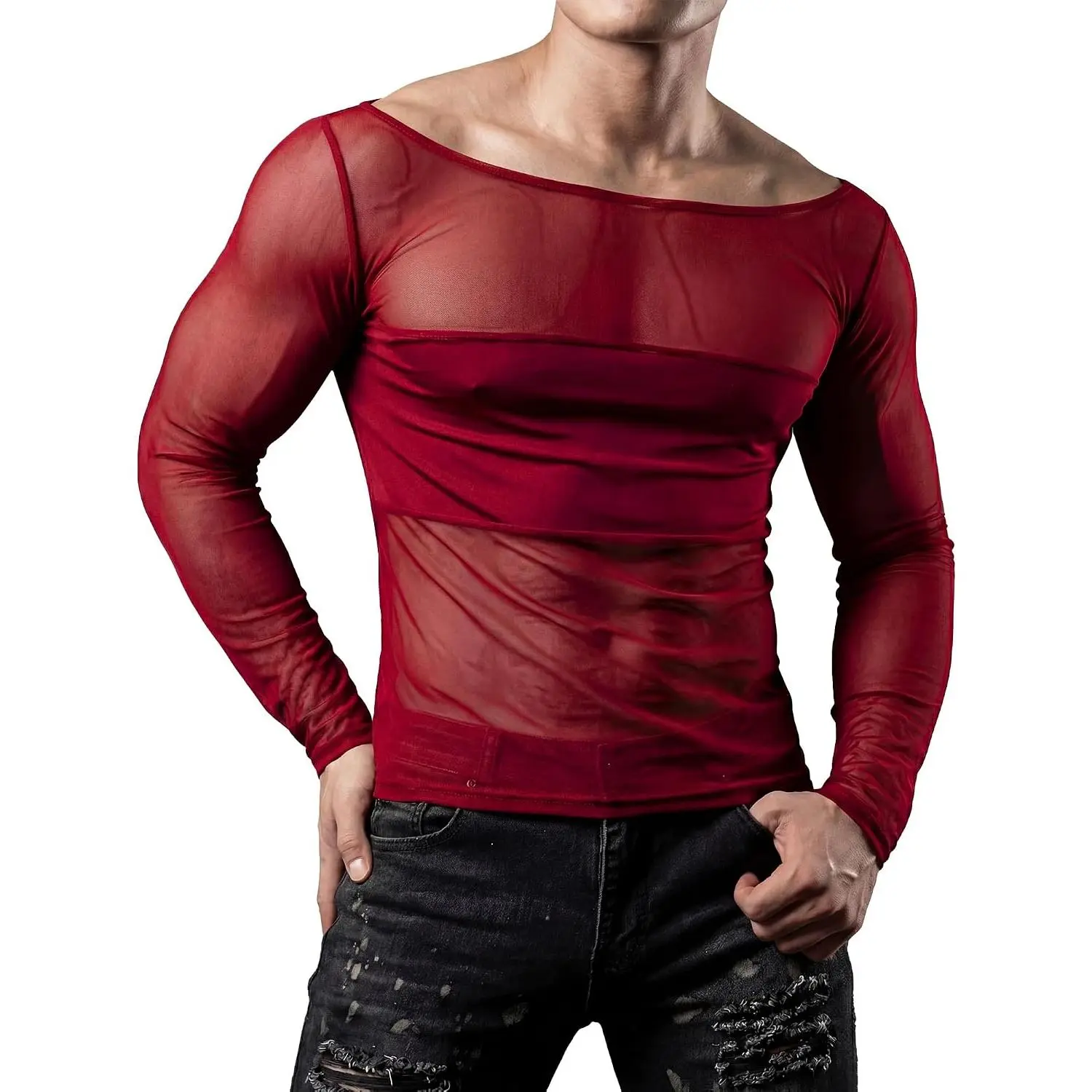 SEAUUR Men's Long Sleeve Sheer Mesh Menswear Top - Casual, Lingerie-Inspired Undershirt with Breathable Fabrics for Workout, Party Club Use, Thin