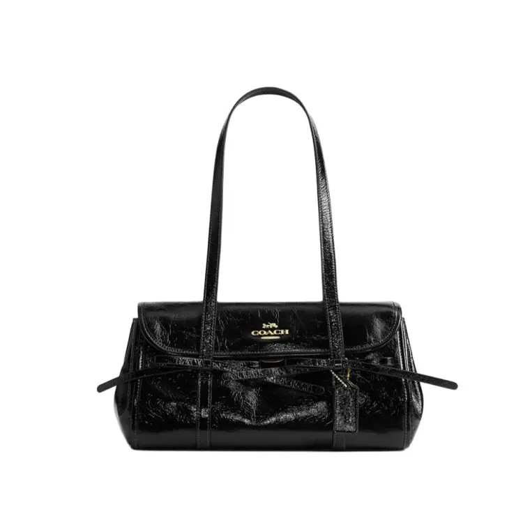 Coach Bridget 34 Bow-Embellished Classic Gold-Tone Smooth Grain Leather Crossbody Bag for Women, Large, Black