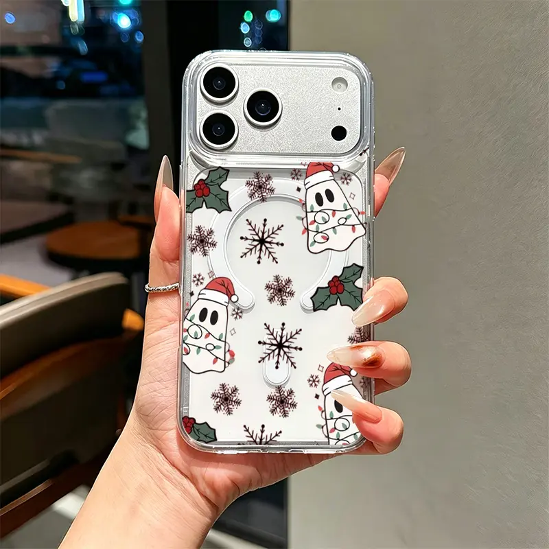 Cute Christmas Ghost Santa Hat Snowflake Holly Phone Case, Festive Doodle Pattern for iPhone 17/16/15/14/13/12/11 Plus Pro Max Holiday Gift