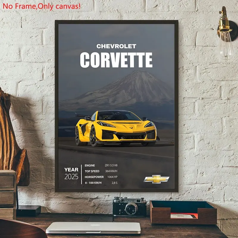 1 Piece/Set frameless canvas painting print poster,Luxury sports car art，Chevrolet Corvette Sports Car 2025，a perfect gift for cars loves, ideal gift for bedroom, living room, dorm hallway, kitchen, mural, wall decoration, room decor