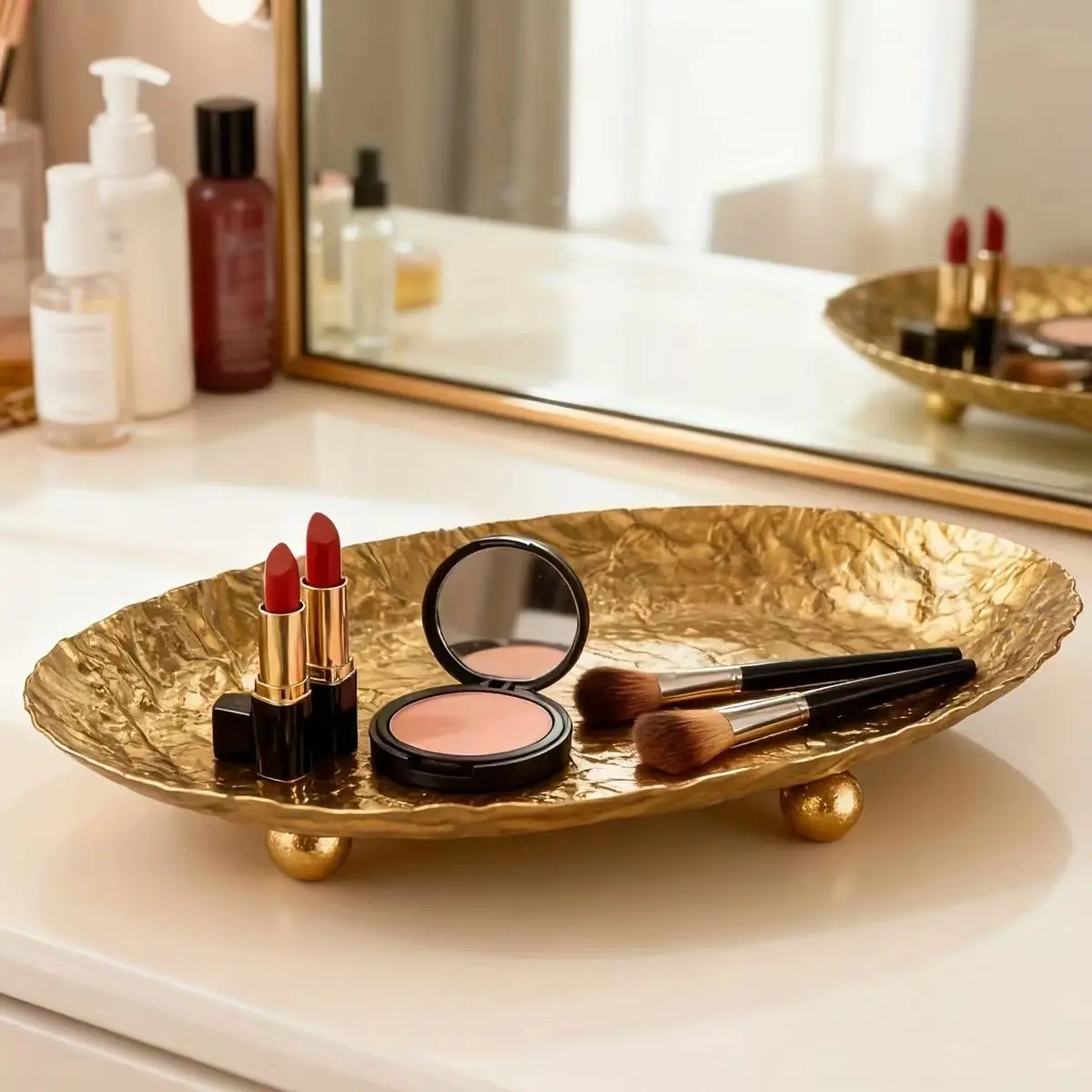 Light Luxury Gold Leaf Texture Cosmetic Tray, Tall Golden Ball Storage Tray, Dresser Organizer for Lipstick, Blush & Makeup Brushes, Decor Ornament for Jewelry & Aroma Candles in Bathroom