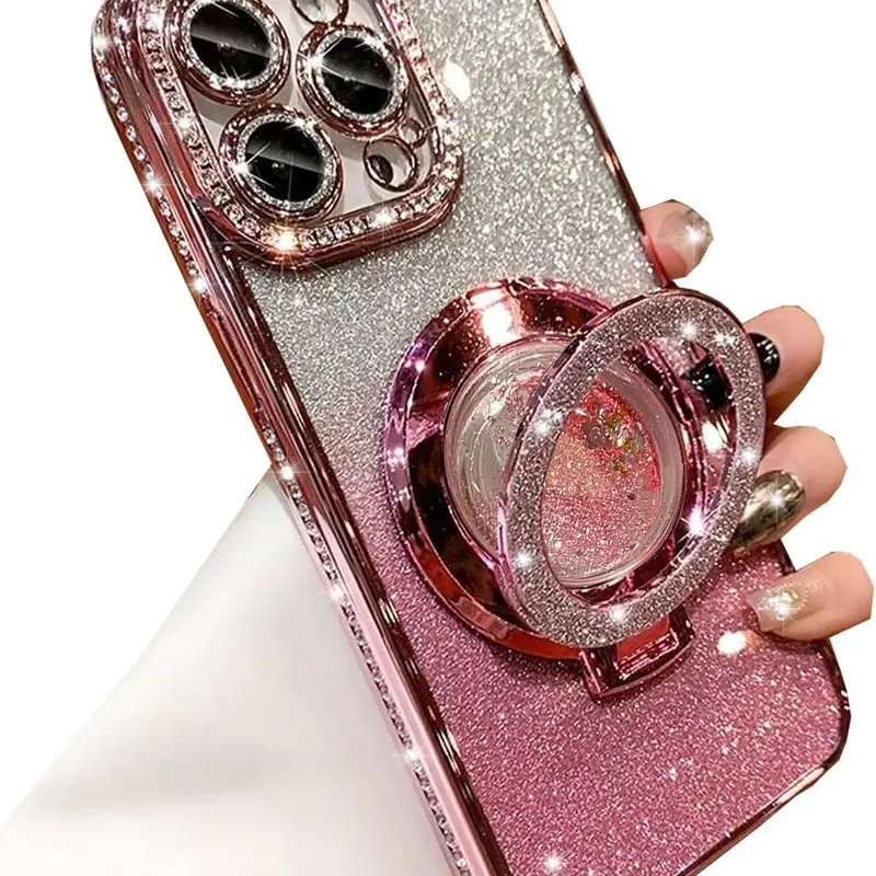 Glitter Kickstand Case for iPhone 16 15 14 13 12 Pro Max Luxury Bling Sparkly Diamond Rhinestones with Camera Protector Liquid Flowing Ring Stand TPU Bumper Case for Women Girls