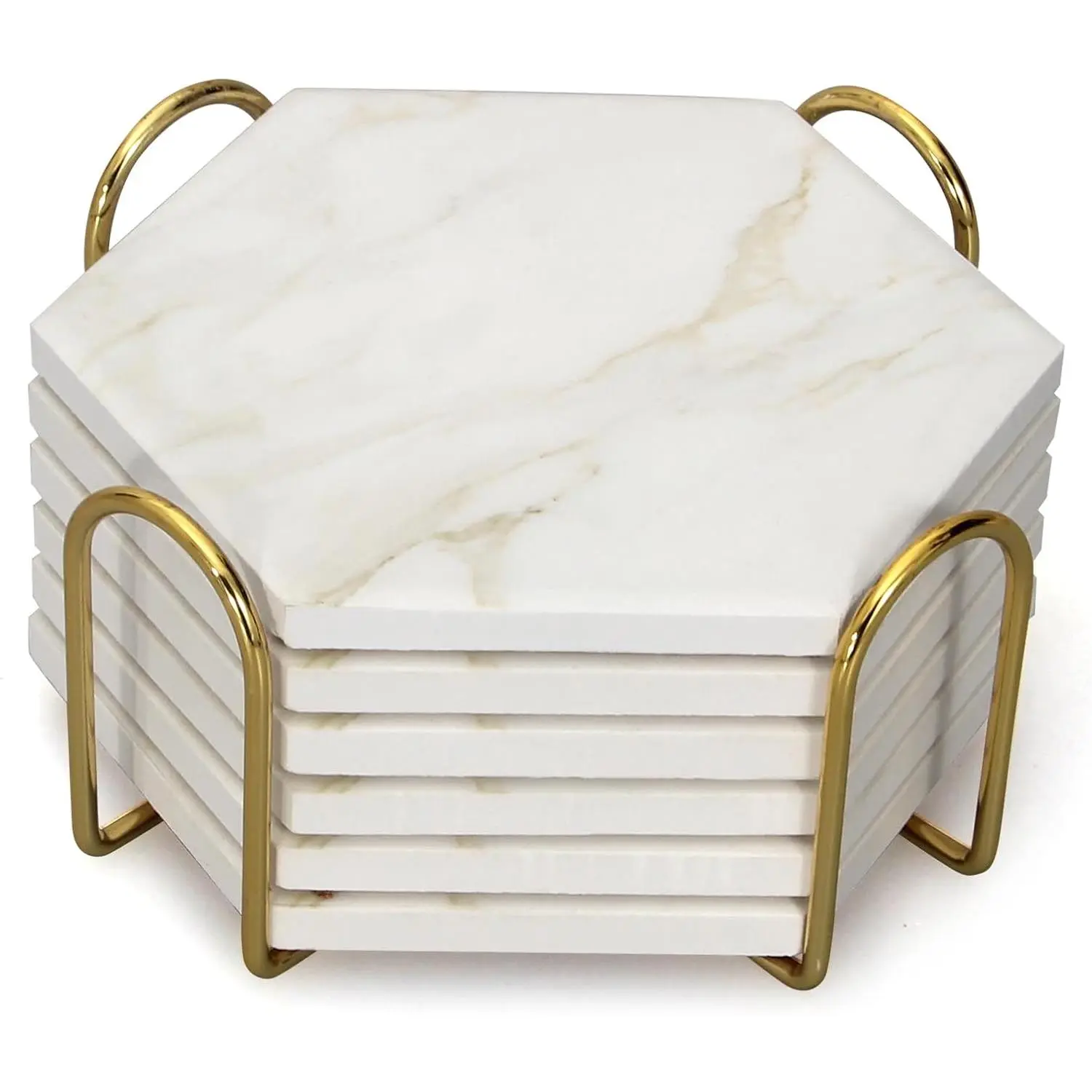 6Pcs White Marble Coaster Set with Holder Hexagon Ceramic Coasters Absorbent Coasters Drink Coasters Set for Coffee Table Bar Coasters Wine Coasters Modern Coasters Beer Coasters Cup Coasters