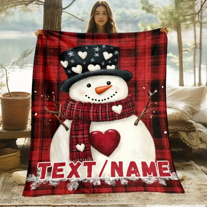 1Pc Custom Name Christmas Snowman Blanket - Flannel Blanket for Sofa, Outdoor, Camping, Living Room, Office, Chairs and Beds - Digital Printed Soft Warm Flannel Blanket for Winter Warmth, available in four sizes