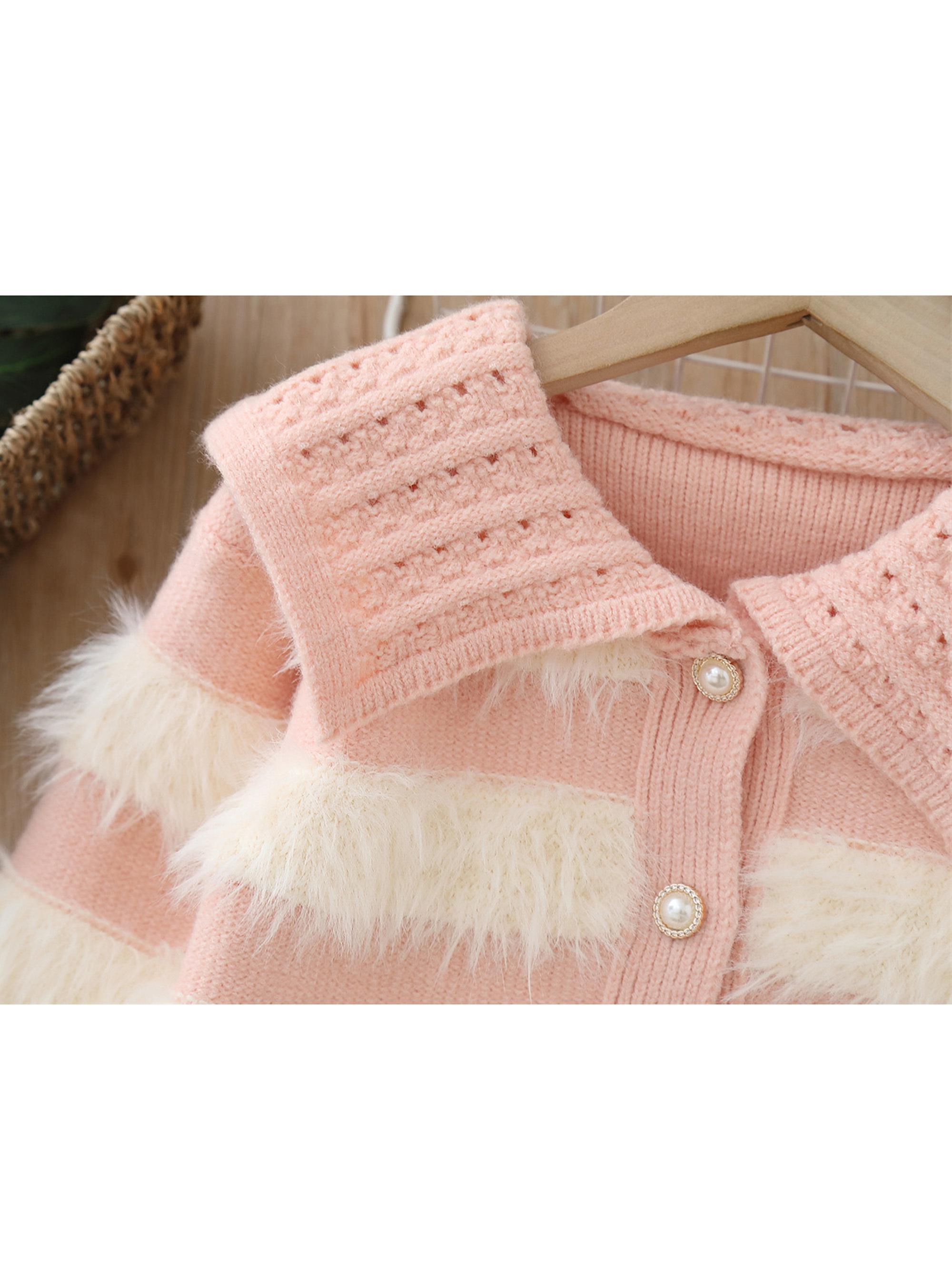 Girls' ted Knit Sweater with Plush Stripes & Pearl Buttons - Soft Pastel Purple & Contrast, Cozy Lapel Collar, Loose Fit Winter Warmth, Cute Casual Daily Wear for Fall/Winter, Easy Button-Front Closure (No Zippers) - Ideal for School & Playdates - D