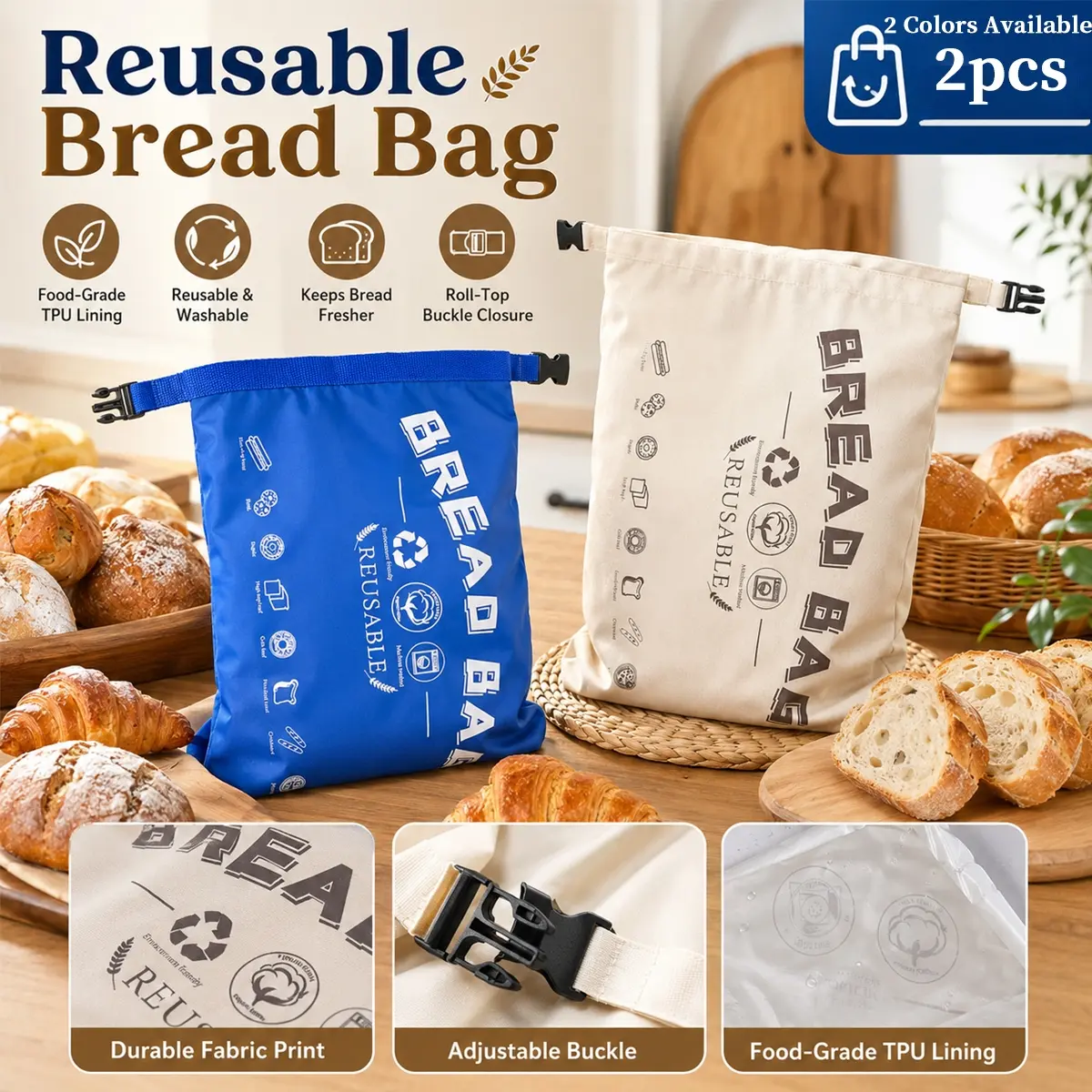 2pcs Reusable Bread Bag for Homemade Loaf Storage, Food Grade TPU Fresh Keeping Bag with Buckle Closure, Washable Bread Storage Sack Bags, for Sourdough, Bagel, Toast, Pastry, Bakery Packaging, Kitchen Pantry & Daily Home Baking