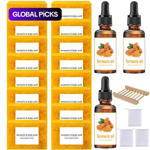 Turmeric Skincare Set, 16pcs Turmeric Kojic Acid Soap & 3 Counts Turmeric Oil & 1 Count Soap Dish & 3 Counts Soap Bag, Body & Face Care for Women & Men #TOP PICKS