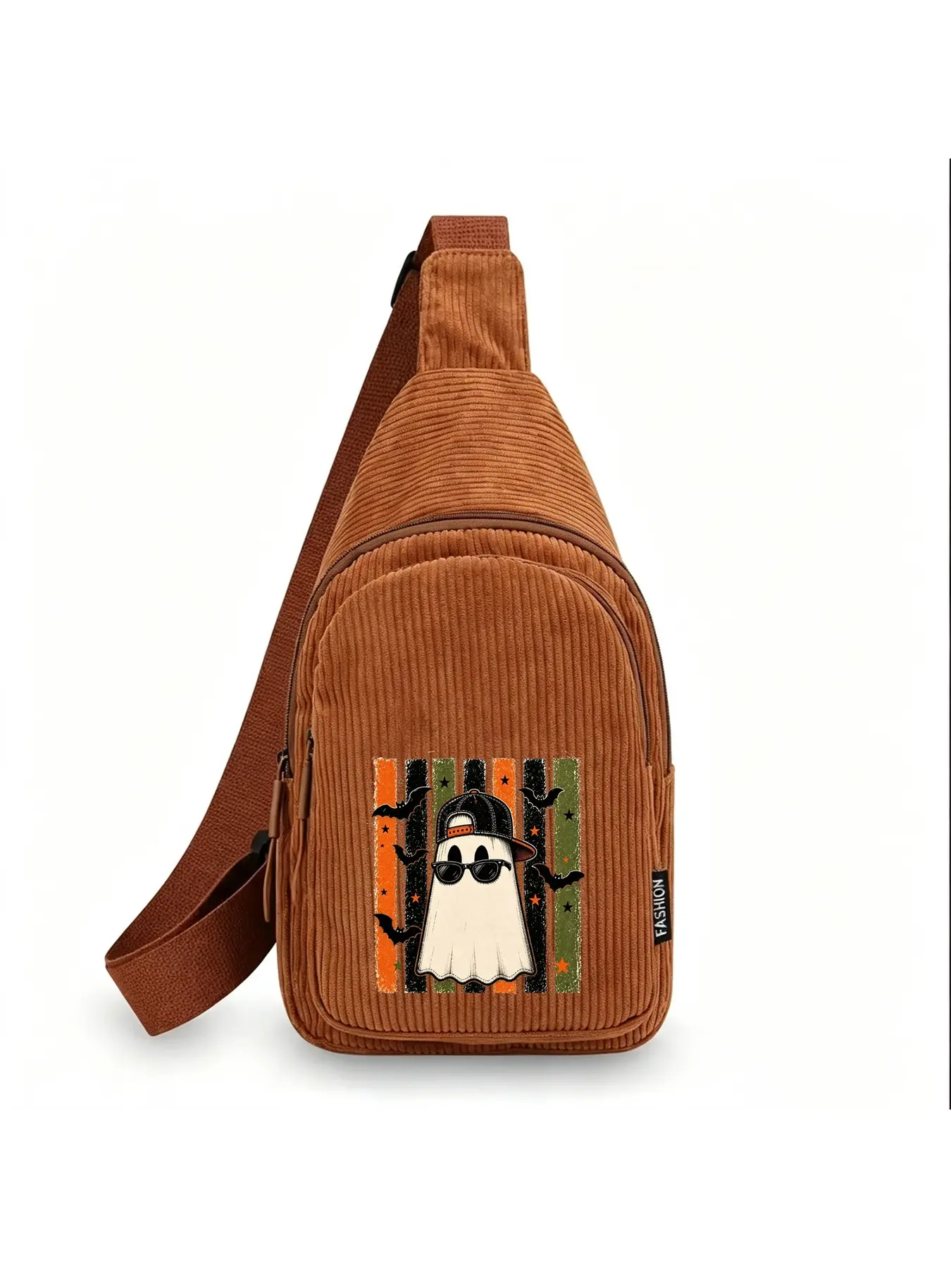 Cool Ghost Halloween Sling Bag, Retro Striped Bat Print Corduroy Chest Bag, Casual Crossbody Fanny Pack For Fall Holiday