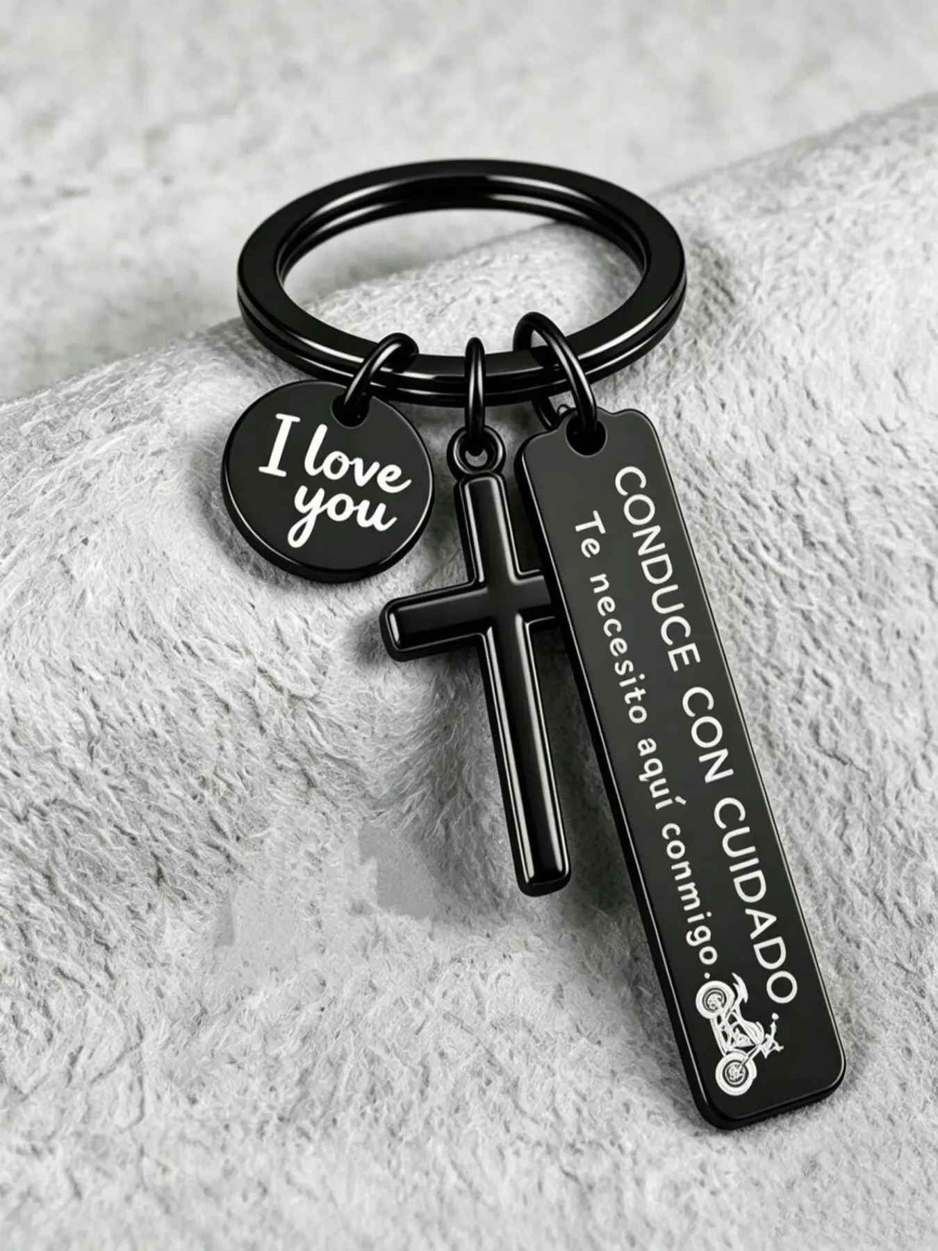 Safety driving keychain, Spanish crucifix keyring, gift for motorcycle enthusiasts, Christian inspirational religious gift suitable for both men and women