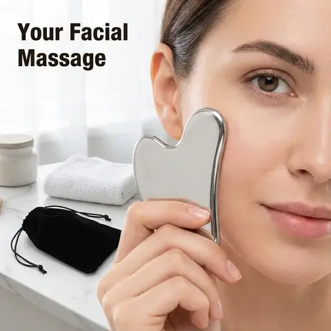 304 Stainless Steel Scraper, Facial Beauty Instrument, Facial Massage Metal Gua Sha Tools Skin Massage for Body Eyes Neck Massager with Travel Pouch Skin Care Gifts Self Care Tools