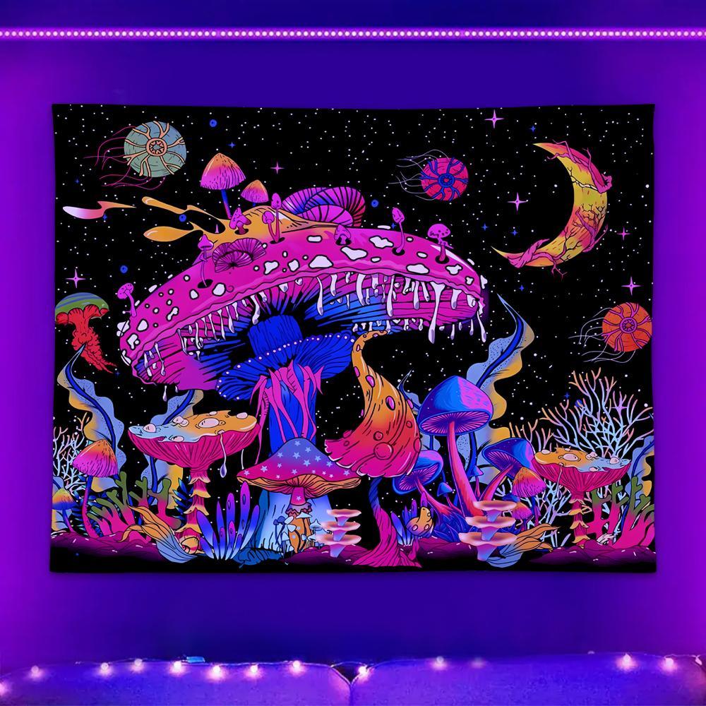 Fluorescent Mushroom Print Tapestry, Durable Decorative Tapestry, UV Black Light Home Decor Posters Tapestry, Glow In The Dark Wall Hanging for Living Room, Bedroom Accessories, Summer Gift