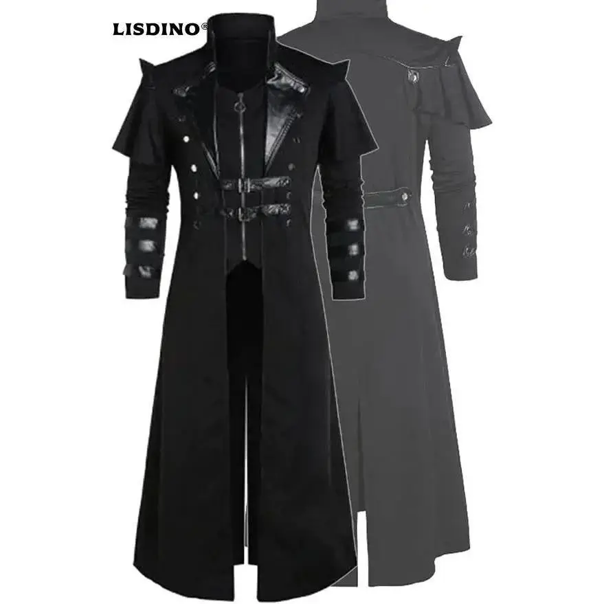 Men's Steampunk Gothic Long Trench Coat Jacket Double Breasted Zipper Punk Tops Cosplay Medieval Costume Black