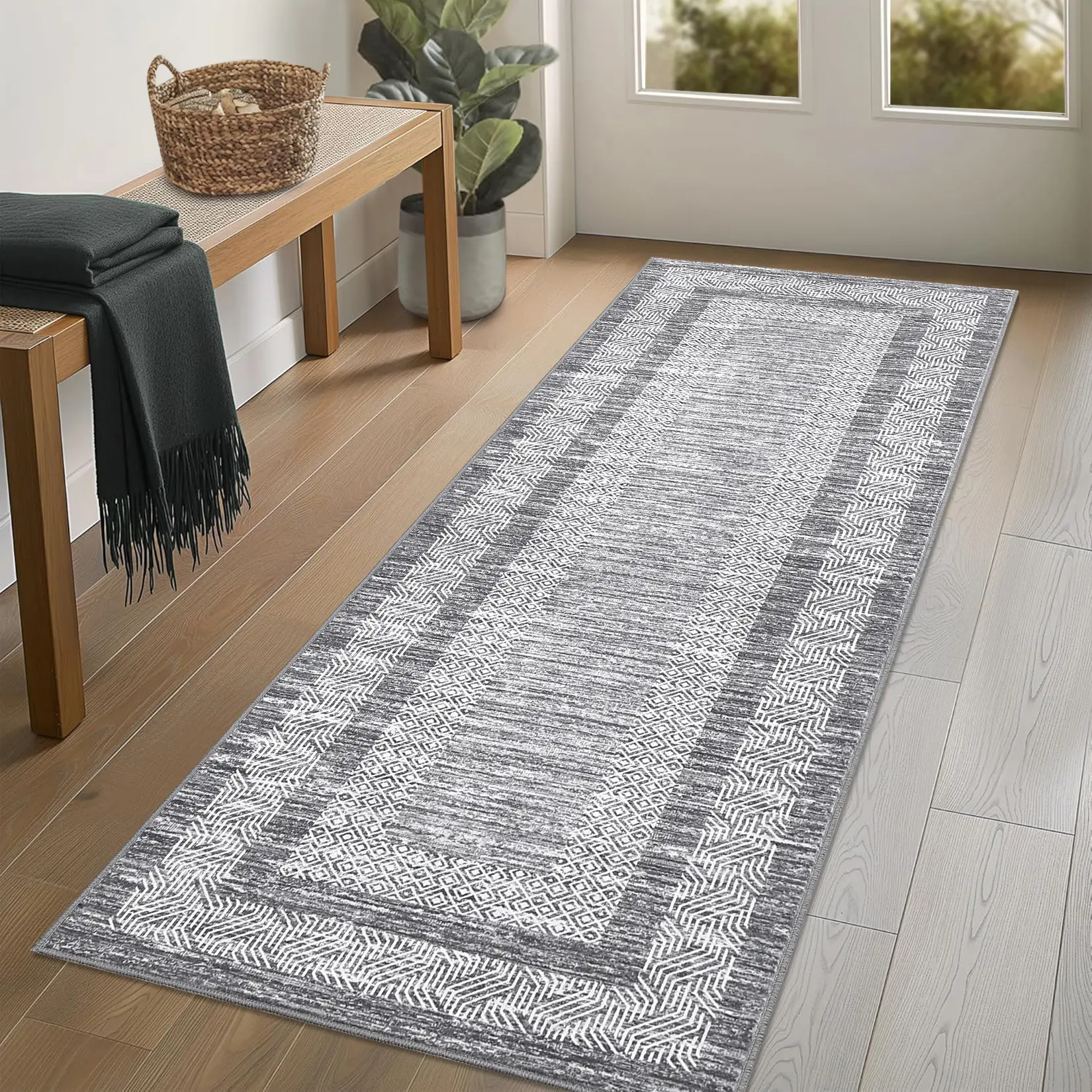 2x6 ft Washable Faux Shearling Runner Rug, TPR Non-Slip Backing, Modern Geometric Design, Choose Gray or Blue