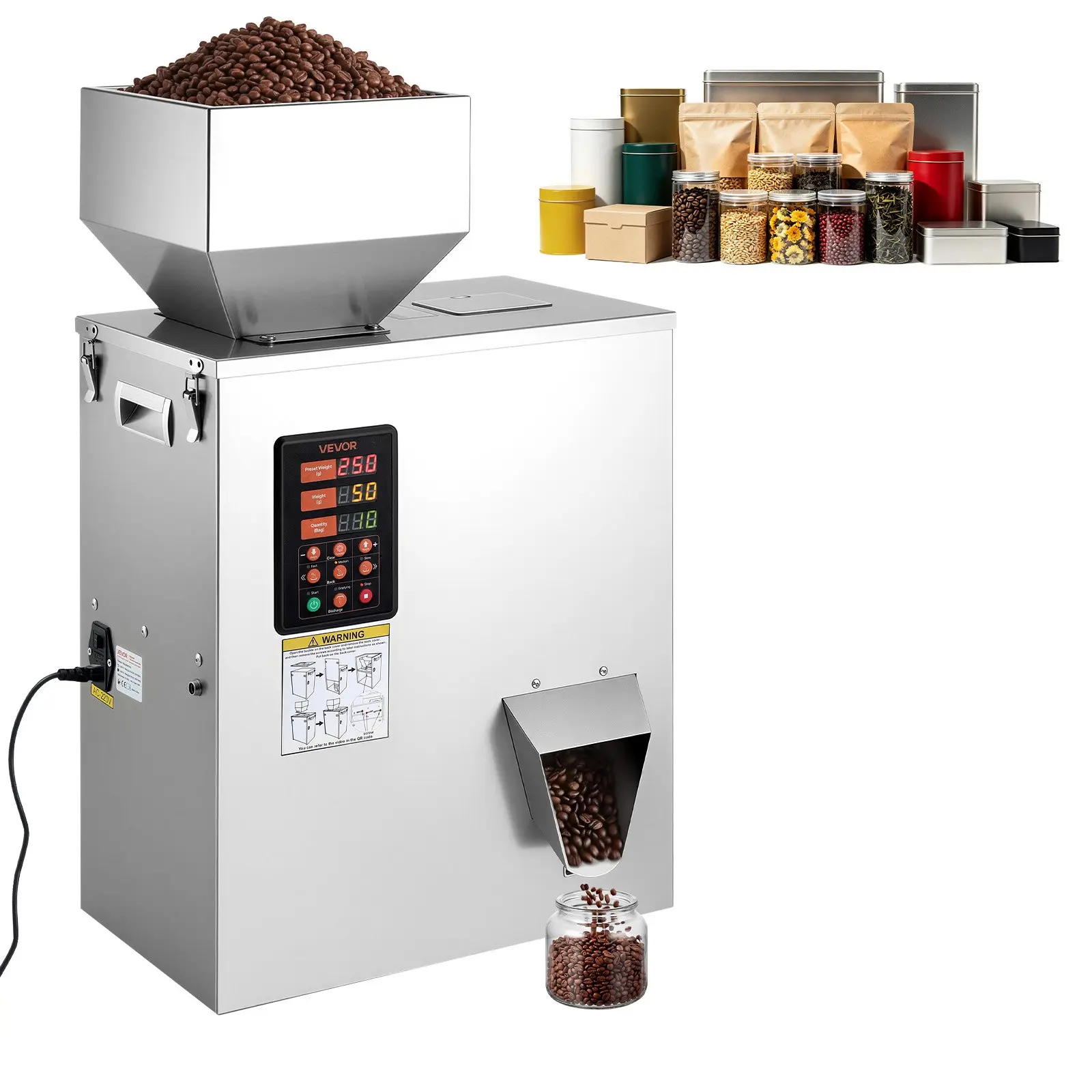 VEVOR Powder Filling Machine, 10-500g (0.02-1.1lbs) Automatic Particle Dispenser, High Accuracy, Stainless Steel, Intelligent Weighing Dispensing Filler for Coffee Beans, Grains, Tea, Spices, Silver