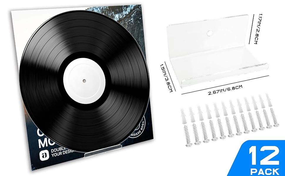 12 Pack Clear Vinyl Record Holder Wall Mount, Invisible Floating Acrylic Album Record Holder for Displaying Daily LP, CD Listening