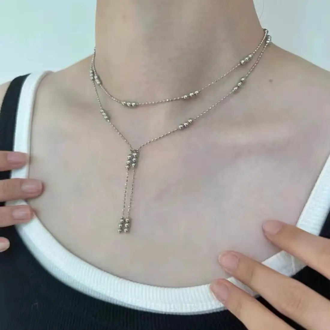 Double Layer Beaded Necklace for Women, Dainty Silver Tone Chain Necklace with Round Bead and Tassel Detail, Trendy Minimalist Layered Jewelry Accessory, Elegant Feminine Necklace for Everyday Wear, Summer Vacation, Party, Date Night & Gift for Her