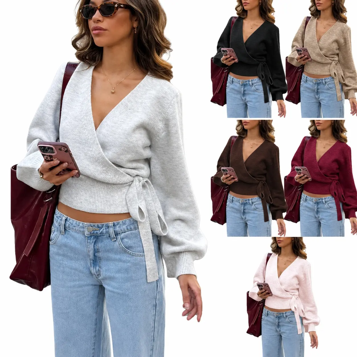 Cross V-neck Bottoming Knitted Sweater Autumn and Winter Irregular Straps Elegant Short Top Women