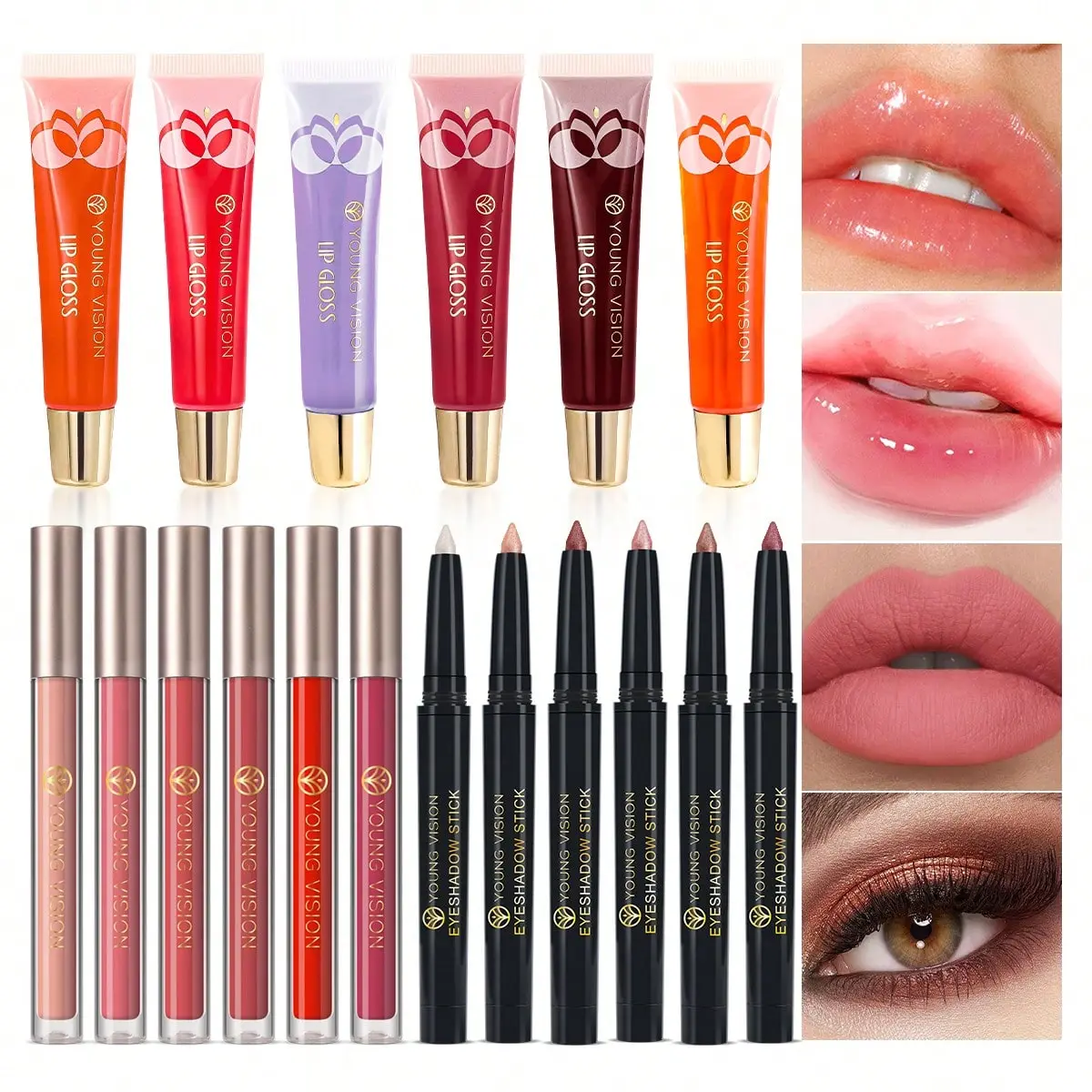 18-Piece Makeup Set 6 Matte Mist Lipstick Gift Set &6 Lip Oil Set &6 Pearl Rotating Waterproof Brightening Eyeshadow Pen Set