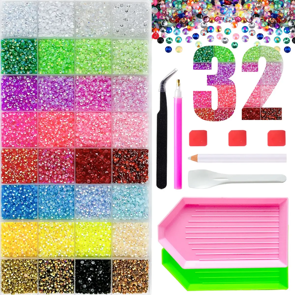 1Box 3mm 32 Colors Hot Selling Sparkling Jelly AB Nail Bedazzling Rhinestones Kit Dopamine Colored New Color Series Semi-circular Flatback Resin Crystal Gems Nail Art Charms DIY