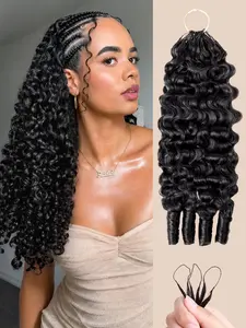 Feather Crochet Hair Extensions 18 Inch Burmese Curly Knotless Pre‑Separated Invisible Crochet Bundles 50g/pcs Lightweight Reusable Hair Extensions for Women Natural Black Human Hair