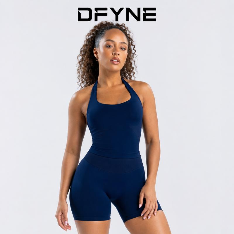 DFYNE Women’s 2-Piece Wide Strap Halter Sports Set - Padded Seamless Quick-Dry Compression Activewear, High-Stretch Yoga Workout Outfit with Scrunch Butt Shorts, Patchwork Design,gym print halter top jumpsuit