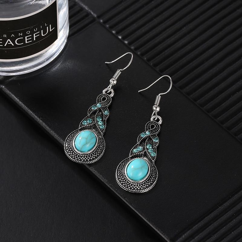 3pcs Necklace Earrings Set For Men And Women Vintage Style Blue Crystal Inlaid Turquoise Pendant With Lantern Chain Jewelry