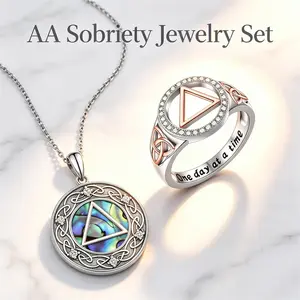 Women's Stainless Steel AA Sobriety Jewelry Set with Abalone Shell Pendant Necklace & Two-Tone Celtic Knot Triangle Ring - One Day at a Time, Elegant Meaningful Recovery Gift for Women Milestone Jewelry