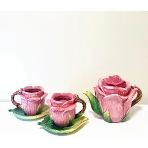 Ceramic Rose Tea Pot Set, 3D Hand-painted Rose Red Flower Cup and Green Leaves Saucer, Set of 5