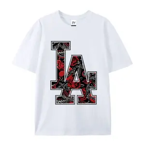 LA Rose Tattoo Pattern Graphic T-Shirt 180gsm 100% Combed Cotton West Coast Streetwear Plus Size Casual Short Sleeve Tee