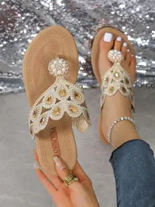 Women's Fashion Rhinestone Sandals, Casual Flat Summer Shoes, Lightweight Breathable Comfortable Daily Wear, PU Leather Round Toe Slippers
