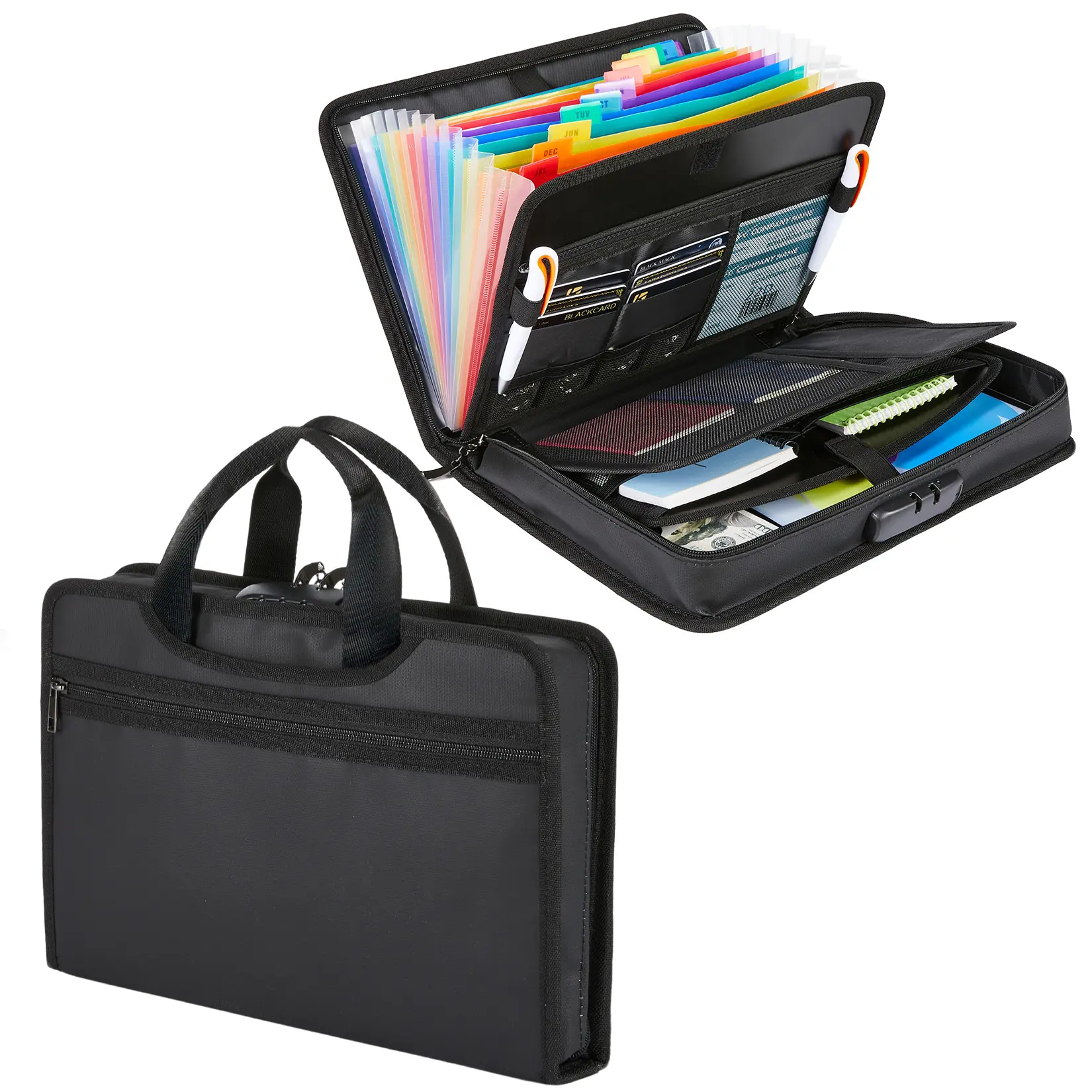 Fireproof Document Bag with Lock – Portable, Durable File Organizer with Handle – Multi-Pocket Accordion Folder for Office, Home & Travel – Green, Black, 36x26x6cm / 38x28x7.5cm