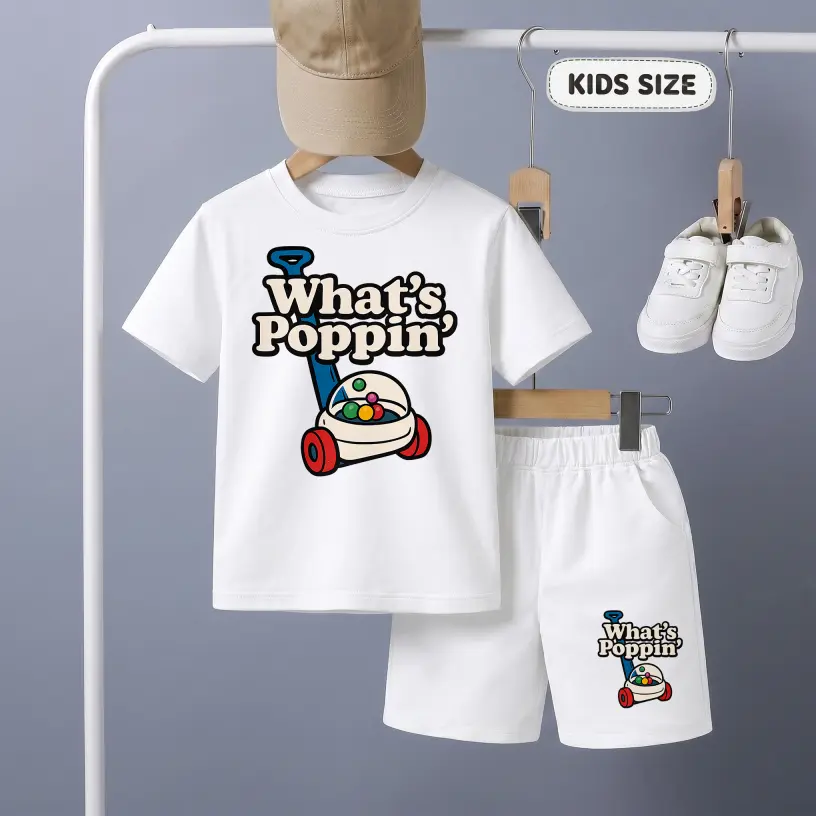 Boys’ Cute Popcorn Machine Graphic Short Sleeve T-Shirt and Shorts Set, Casual Summer Two Piece Outfit with Crew Neck Top and Comfortable Shorts for School, Travel, Daily Wear and Outdoor Activities