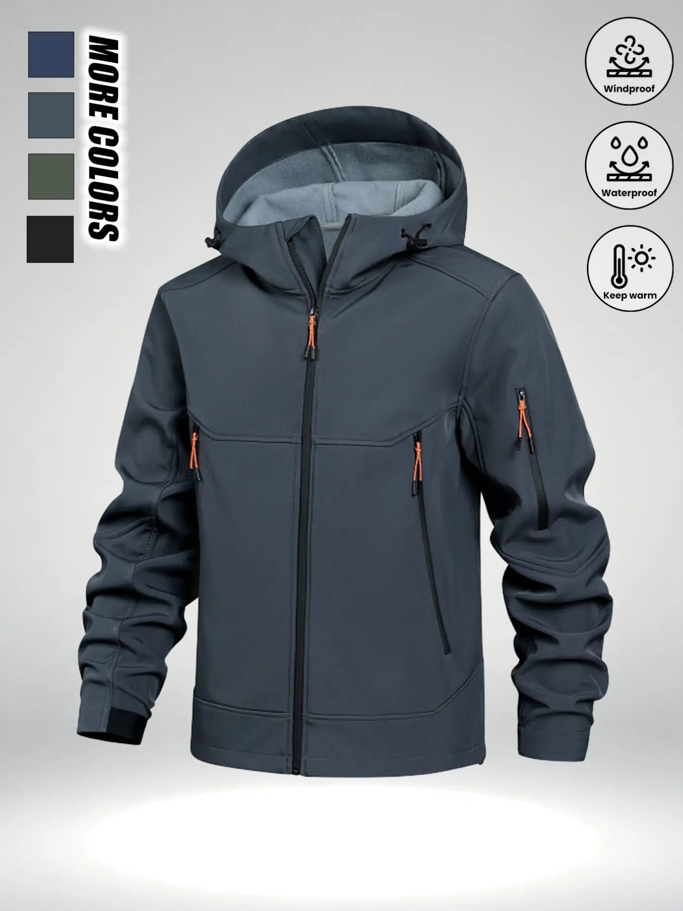 Men's Soft Shell Jacket with Hood, Casual Loose Fit, Outdoor Windproof Warm Coat, Multi-Pocket, Fall & Winter Outerwear, Softshell Jacket