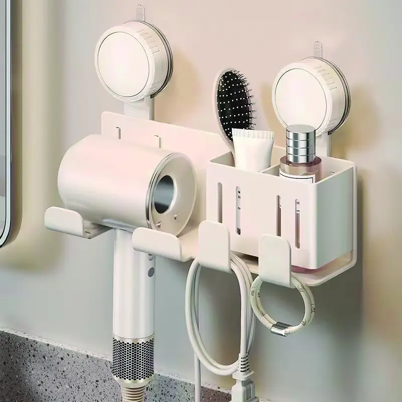 Wall-Mounted Hair Dryer Stand, No-Drill Hair Dryer Rack, with Storage Basket and Hook, Carbon Steel Bathroom Organizer, Fits All Hair Dryers