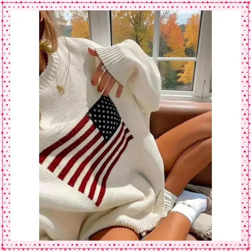 Women'sAmericanFlagPrintDropShoulderSpringthOfJulySweater,CasualFashionLooseFitLongsleevesRoundNeckJumperforFall,WomenswearKnittingTops,Women'sAutumnKnitwearforDailyWear,DowntownGirlClothes,PreppysClothes