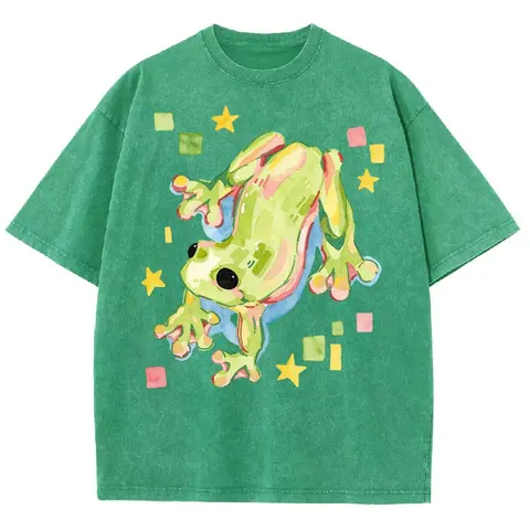 Watercolor Frog Star Block Vintage Washed Tee Vintage Washed Tee 90s Men's Graphic Tee t Shirts Funny Graphic Tee Good Graphic Tees Graphic Tees Streetwear Outfits Men Vacation Outfits Oversized Tshirt Men