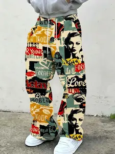 Retro pop art graphic graffiti print men's casual pants | Y2K retro safety pin girl and letter pattern, elastic drawstring high-waist wide-leg pants, soft street loose pants, hip-hop Harajuku style, aesthetics, everyday street style and daily outfits