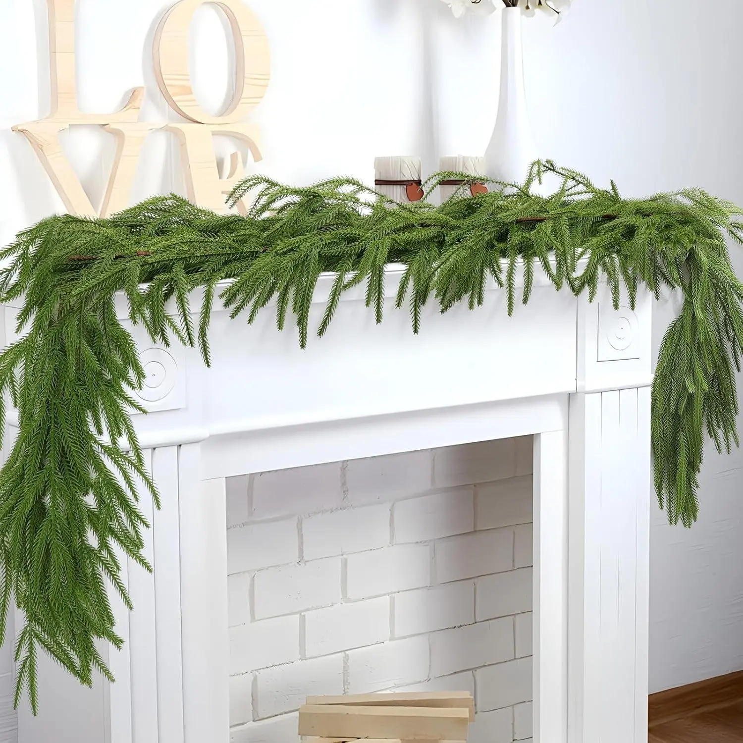 6 Feet Norfolk Pine Garland, Realistic Artificial Evergreen Pine Swag, Modern Faux Greenery, Christmas & Seasonal Decor, Indoor Outdoor Use