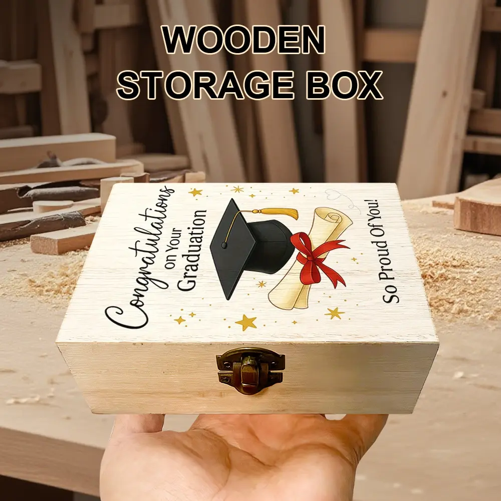 1Pc Wooden Storage Box, Hand - crafted with Graduation Theme Pattern, Durable Gift Storage Box, Keepsake Box, Trinket Organizer for Graduation Gifts, Souvenirs, and Small Items, Modern Home Decor