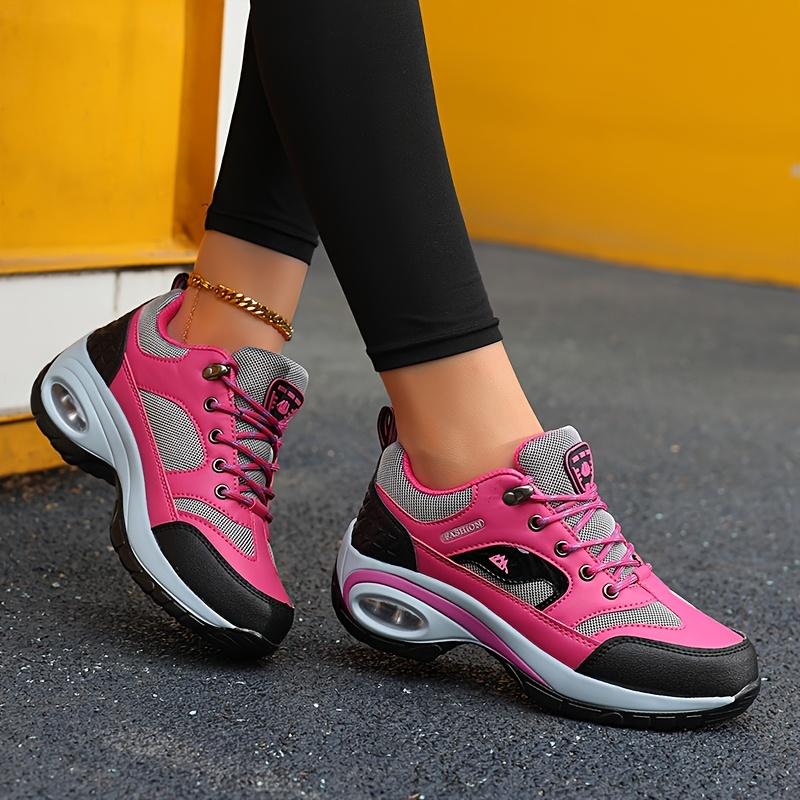 Women's Light Cushioned Hiking Shoes - Comfortable Lace-Up Outdoor Shoes with Arch Support, Black and Pink Design, Outdoor Hiking Shoes